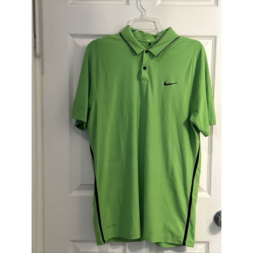 Nike Polo Shirt Mens Medium Neon Green‎ Tiger Woods Snap Stretch Golf Logo